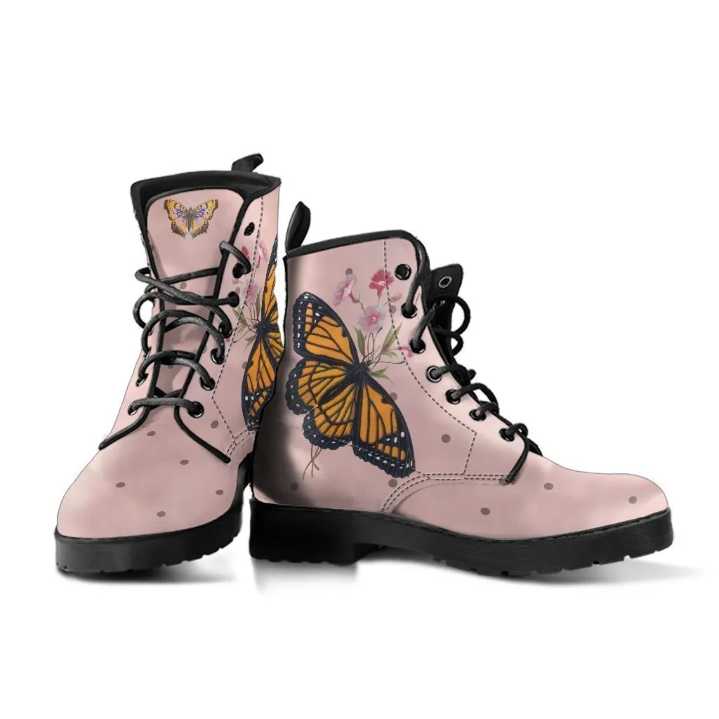 Combat Boots - Butterfly Shoes #101 Vintage | Blush Pink Flat Shoes, Vegan Leather Lace Up Boots, Handmade, Women’s Boots, Cute Kawaii